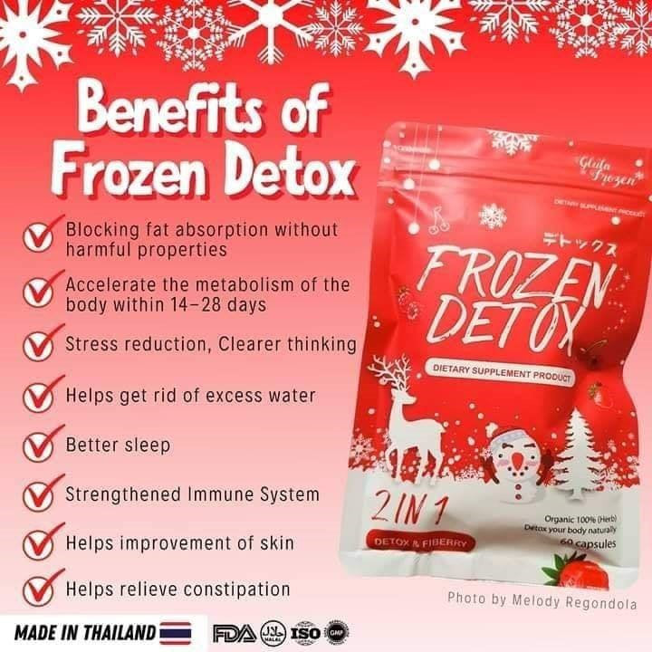 Red supplement package with 'Frozen Detox' branding and benefits listed on a red background with snowflakes.