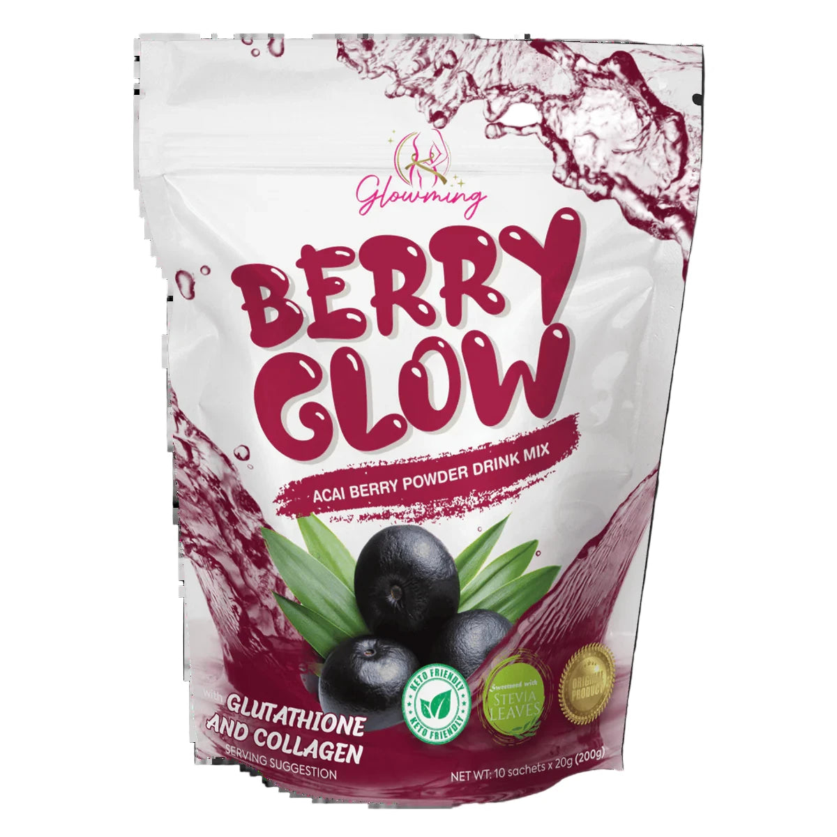 Berry Glow acai berry powder drink mix packaging on a white background