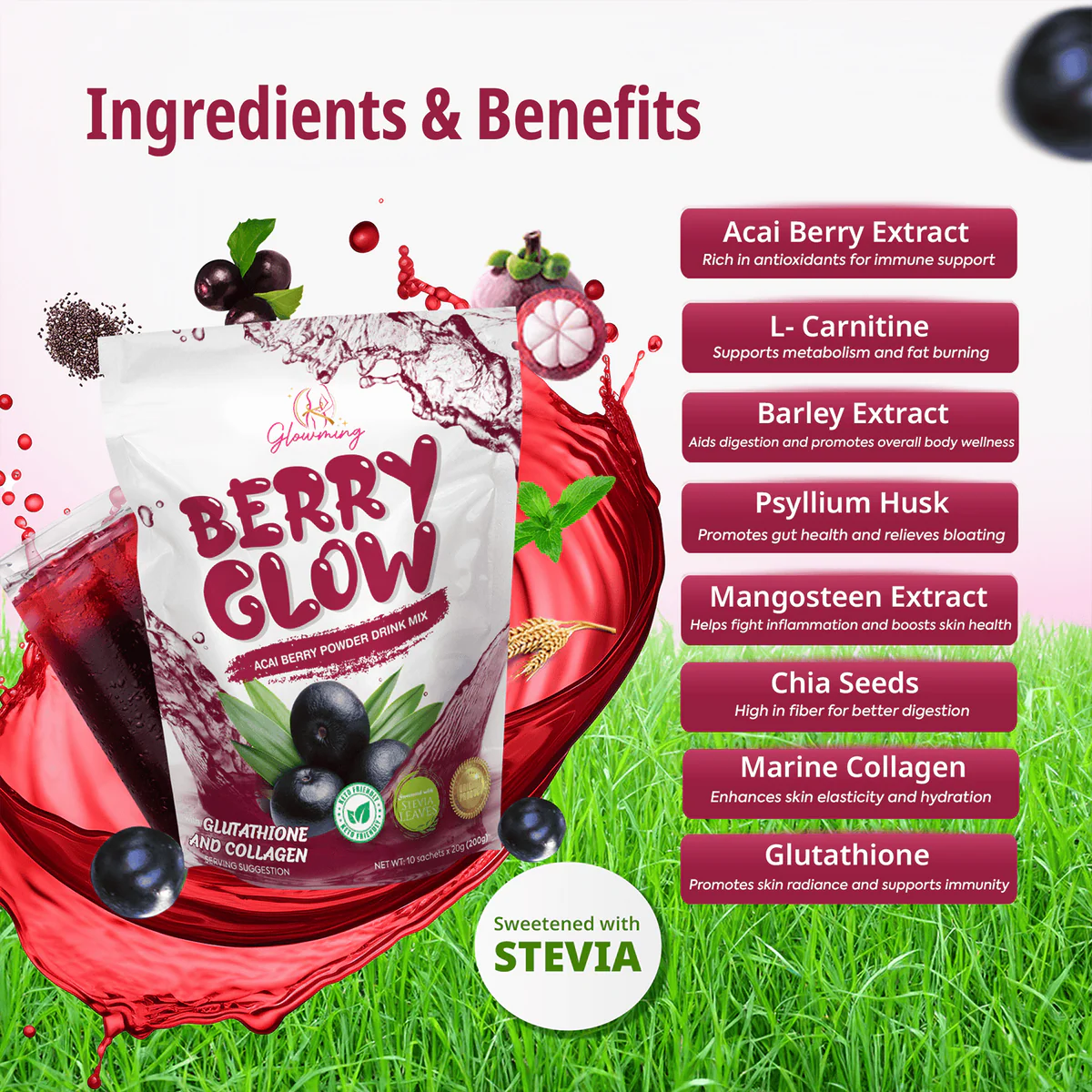 Glowing Berry Powder package with ingredients and benefits listed on a green grass background