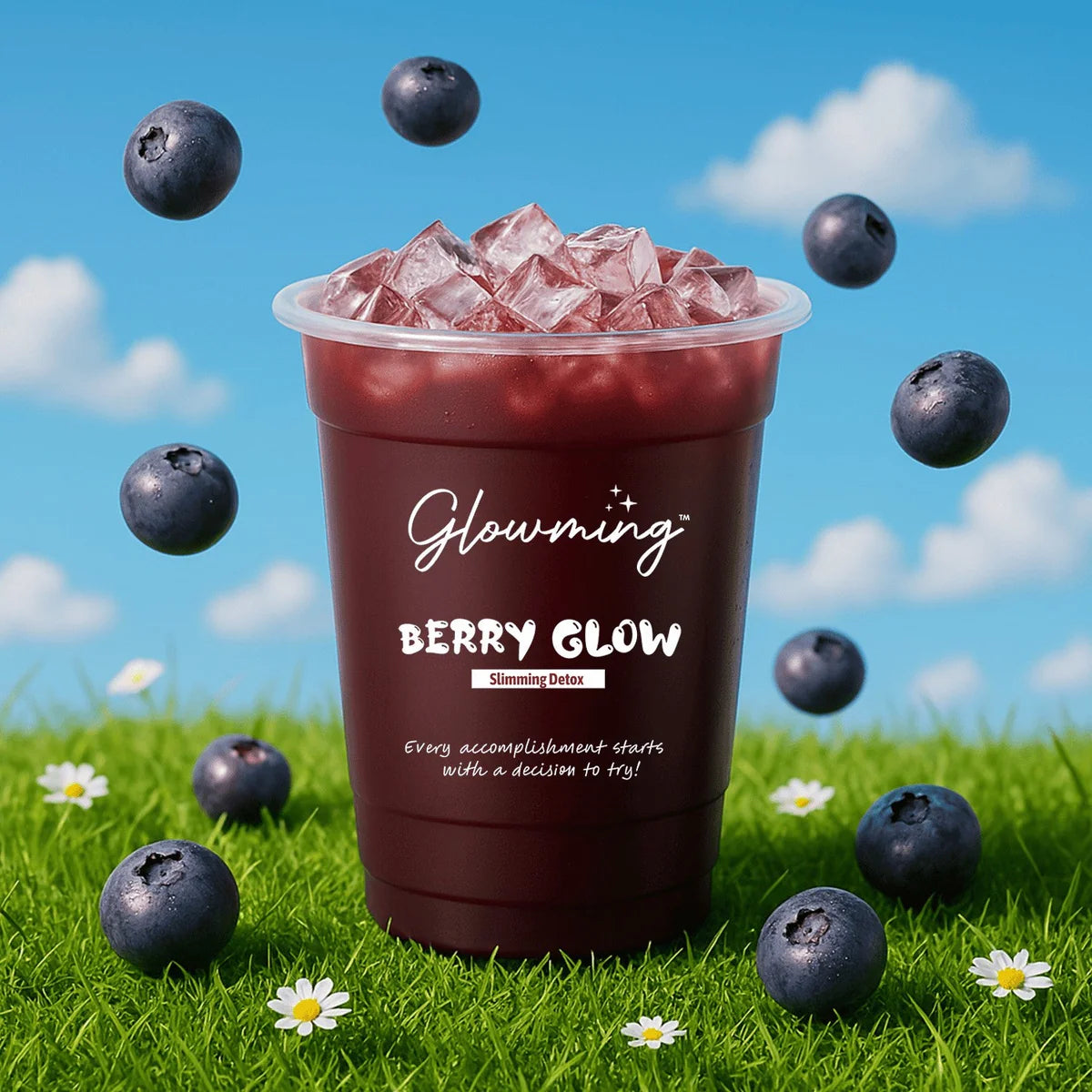 Glowing Berry Glow smoothie cup with blueberries and grass background