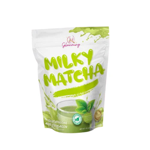 Milky Matcha product packaging with green text and images on a white background