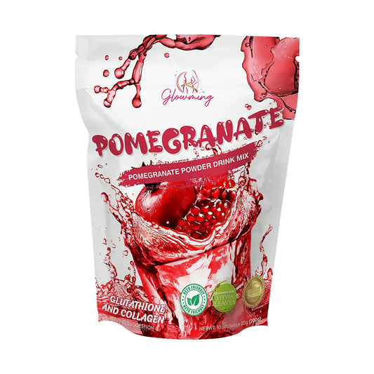 Pomegranate powder drink mix package with pomegranate graphics on a white background