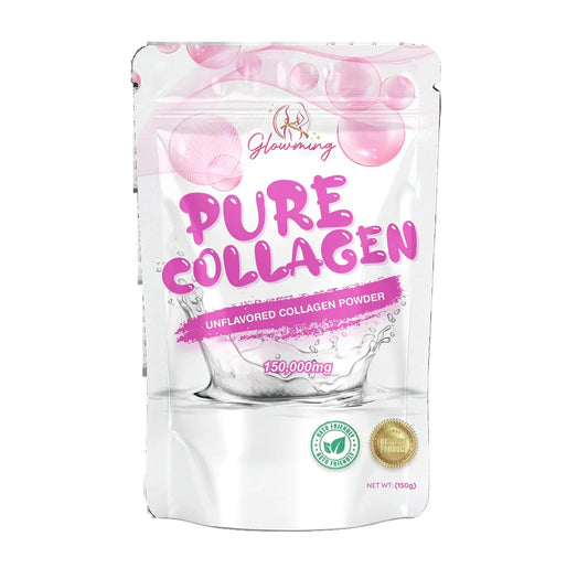 Package of pure collagen powder with pink text and a white background