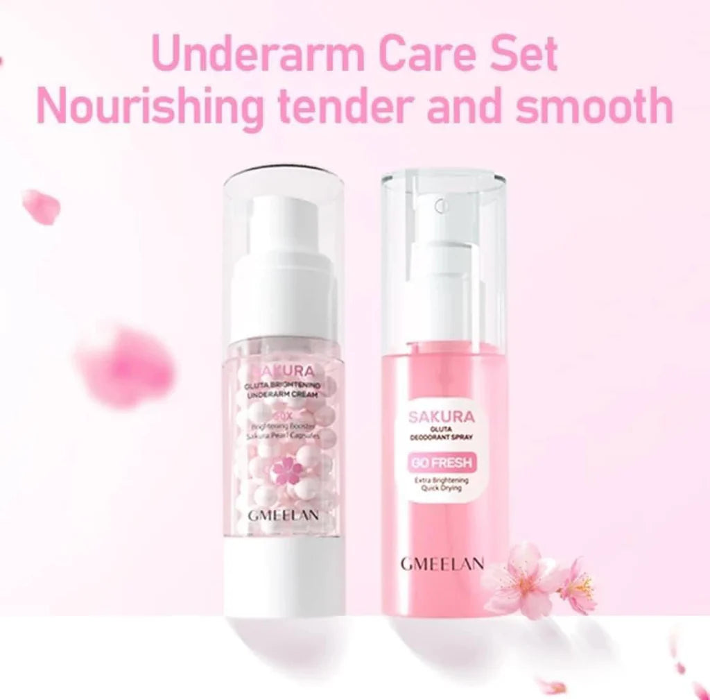Two skincare products, a cream and a deodorant spray, with 'Sakura' branding on a pink background.