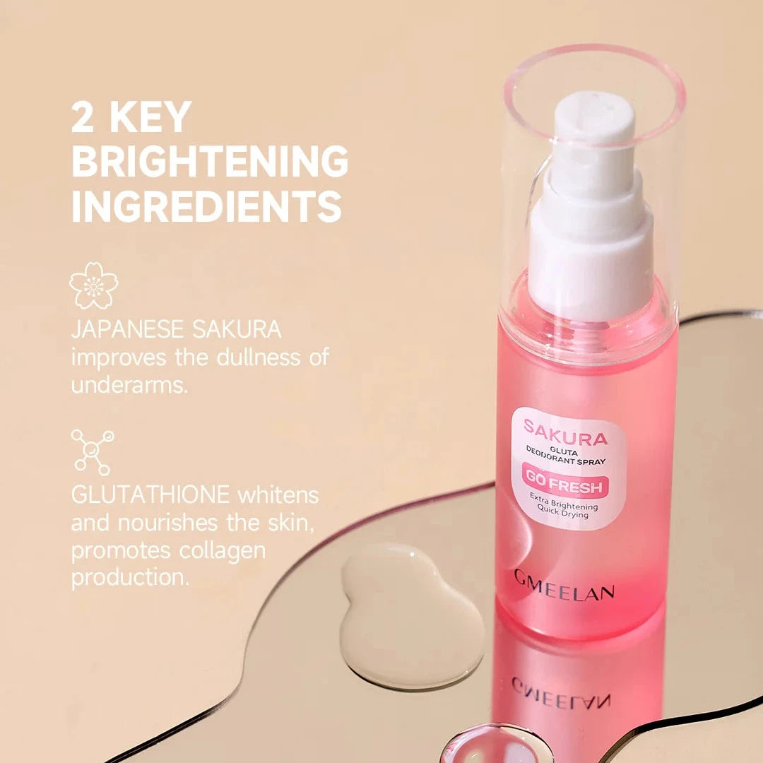 GMEELAN Sakura Whitening Radiance Spray on a beige background with product details.