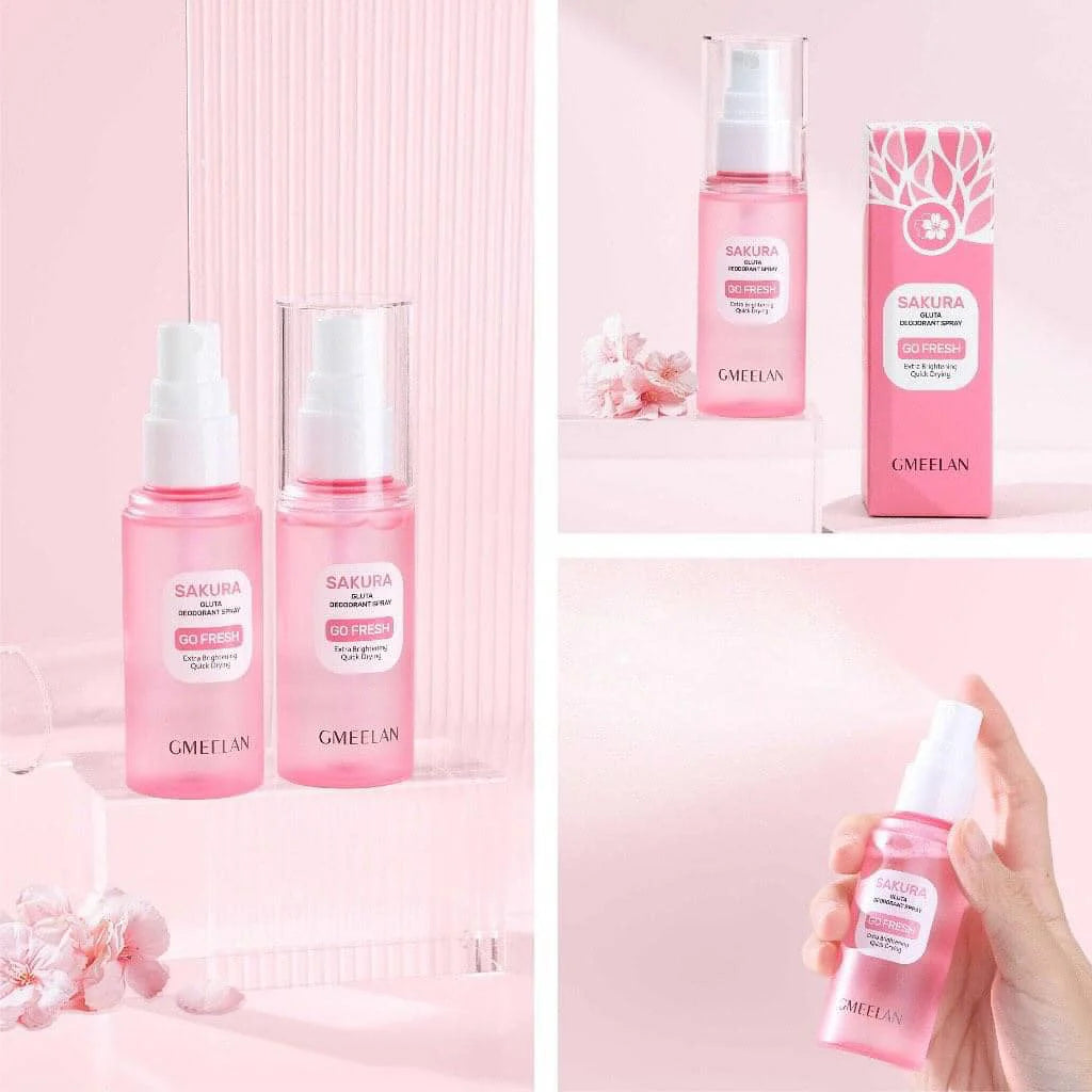 GMEELAN Sakura skincare products on a pink background
