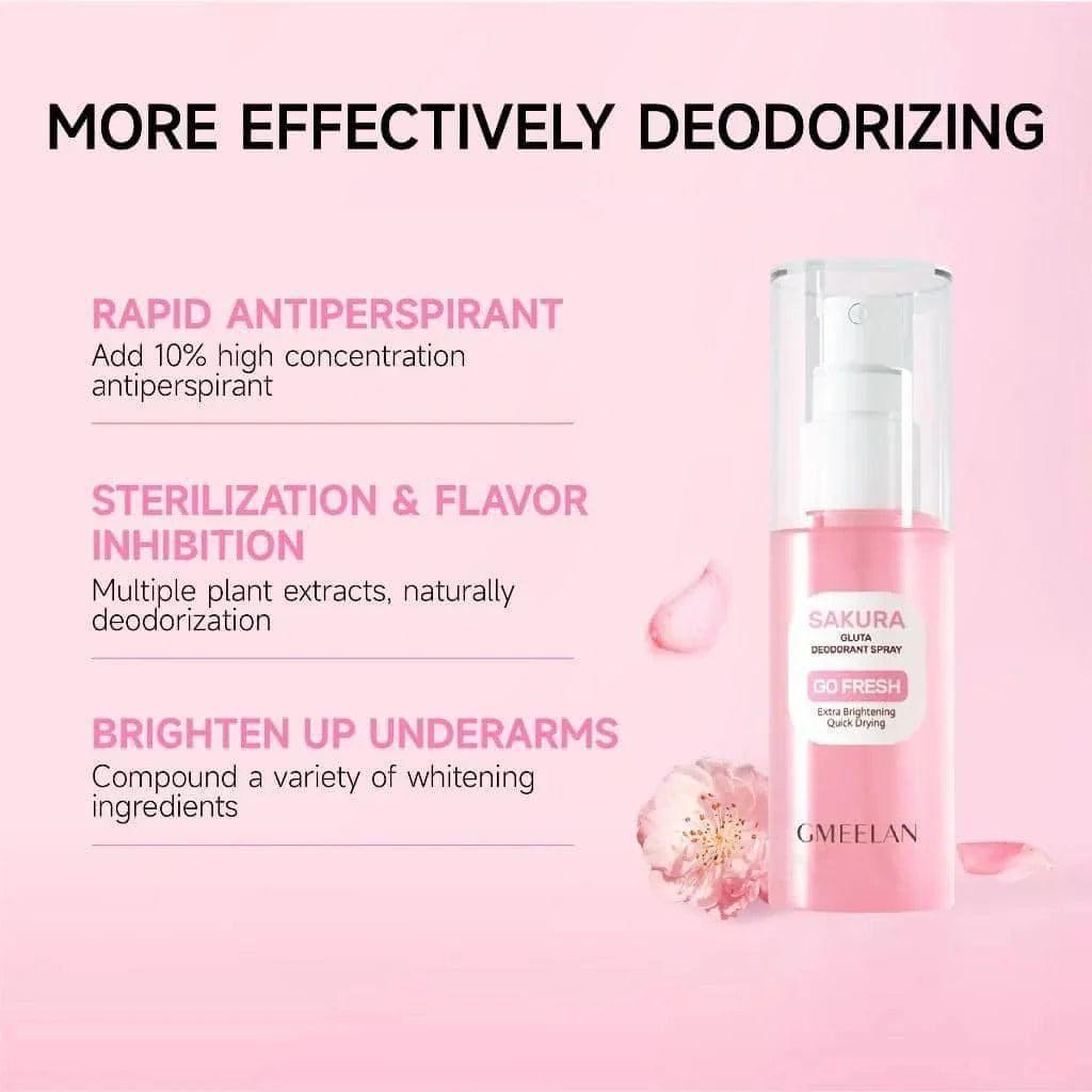 Pink deodorant spray bottle with text on a pink background