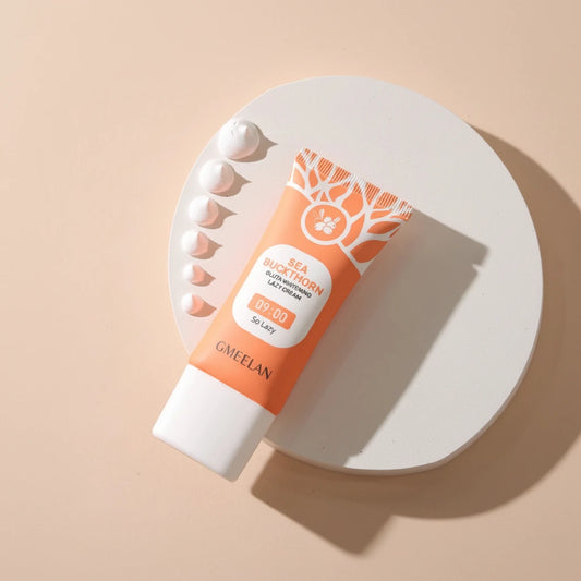 Tube of GMEELAN cream with decorative elements on a beige background