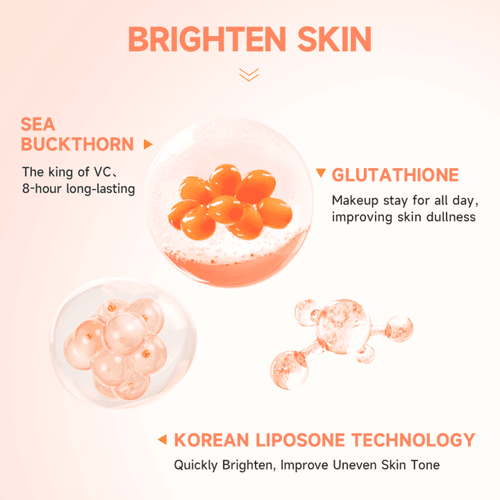 Advertisement for skincare products with sea buckthorn, glutathione, and Korean liposone technology on a light pink background.