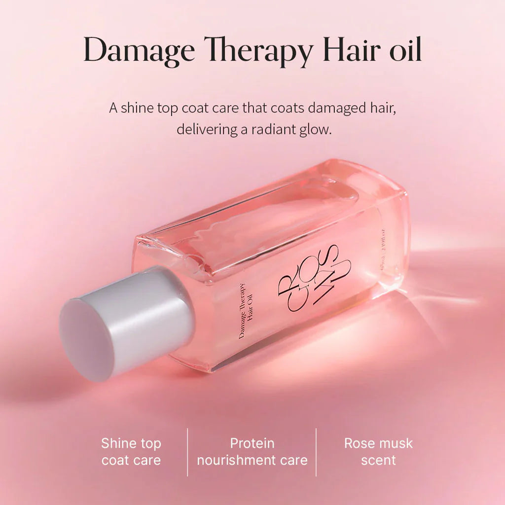 BOS Damage Therapy Hair oil bottle on a pink background with product features listed.