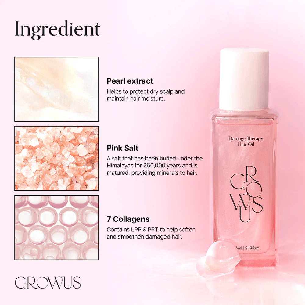 Growus hair oil bottle with ingredient information on a pink background