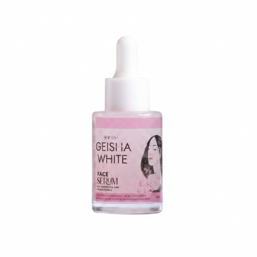 Geisha White Face Serum bottle with pink label on a white background