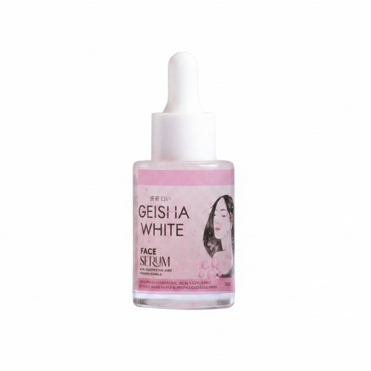 Geisha White Face Serum bottle with pink label on a white background