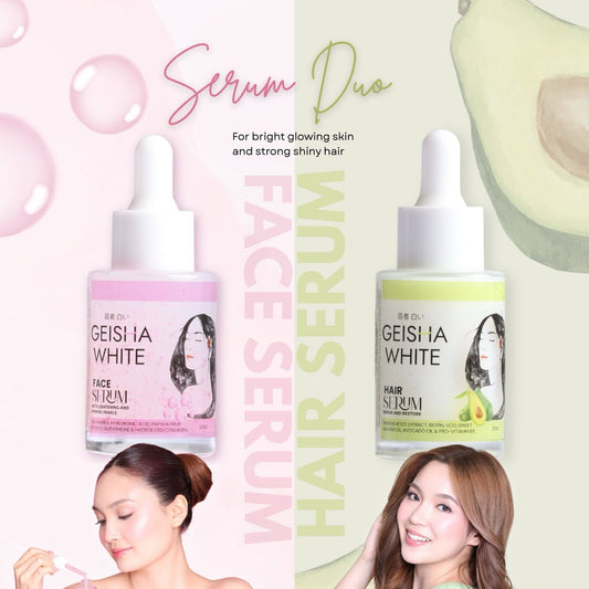 Two bottles of Geisha White serum, one for face and one for hair, with models and text on a light background.