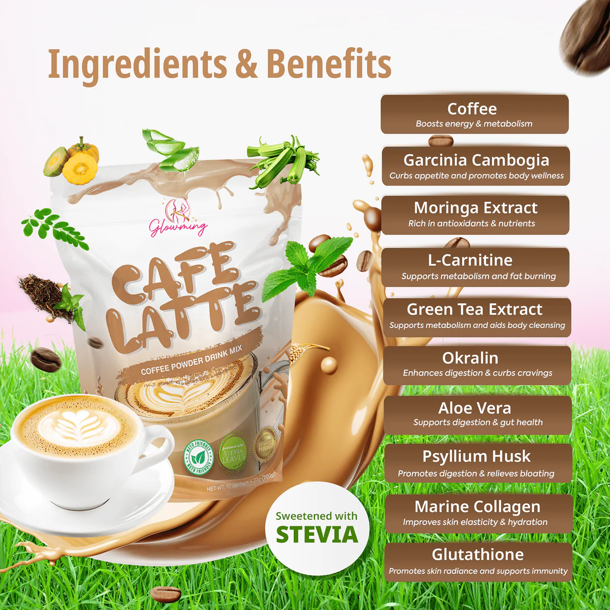 Cafe Latte coffee powder drink mix with ingredients and benefits listed on a grassy background