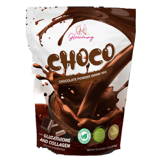 Chocolate powder drink mix package with Glowing Choco branding on a white background