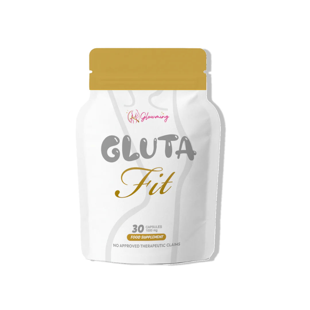 Supplement package labeled 'Gluta Fit' with a gold cap on a white background