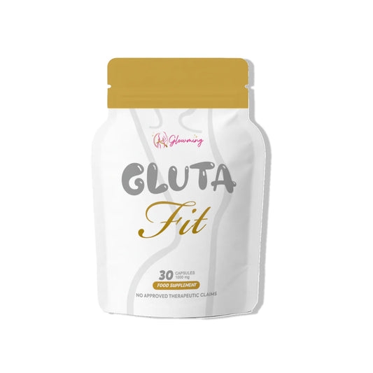 Supplement package labeled 'Gluta Fit' with a gold cap on a white background
