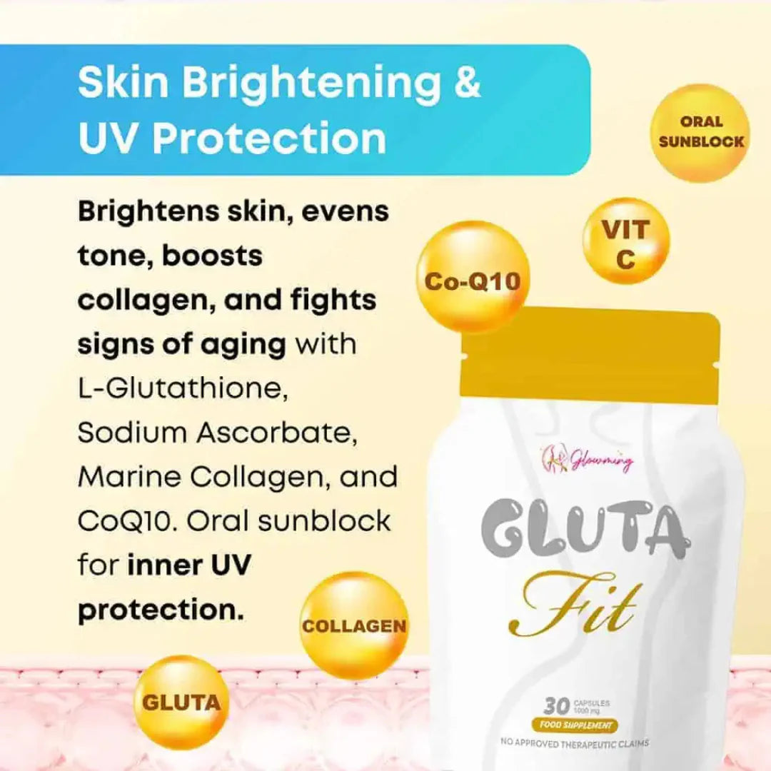 Gluta Fit supplement bottle with skin brightening and UV protection text on a yellow background