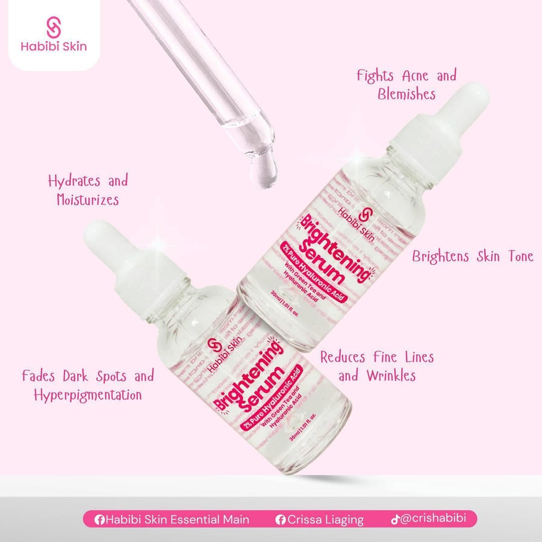 Habibi Skin brightening serum bottles with text on a pink background
