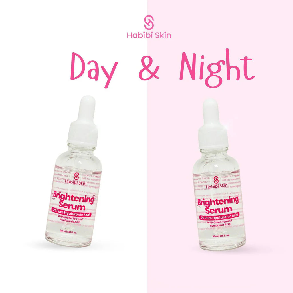 Two bottles of Habibi Skin Brightening Serum on a pink background with 'Day & Night' text.