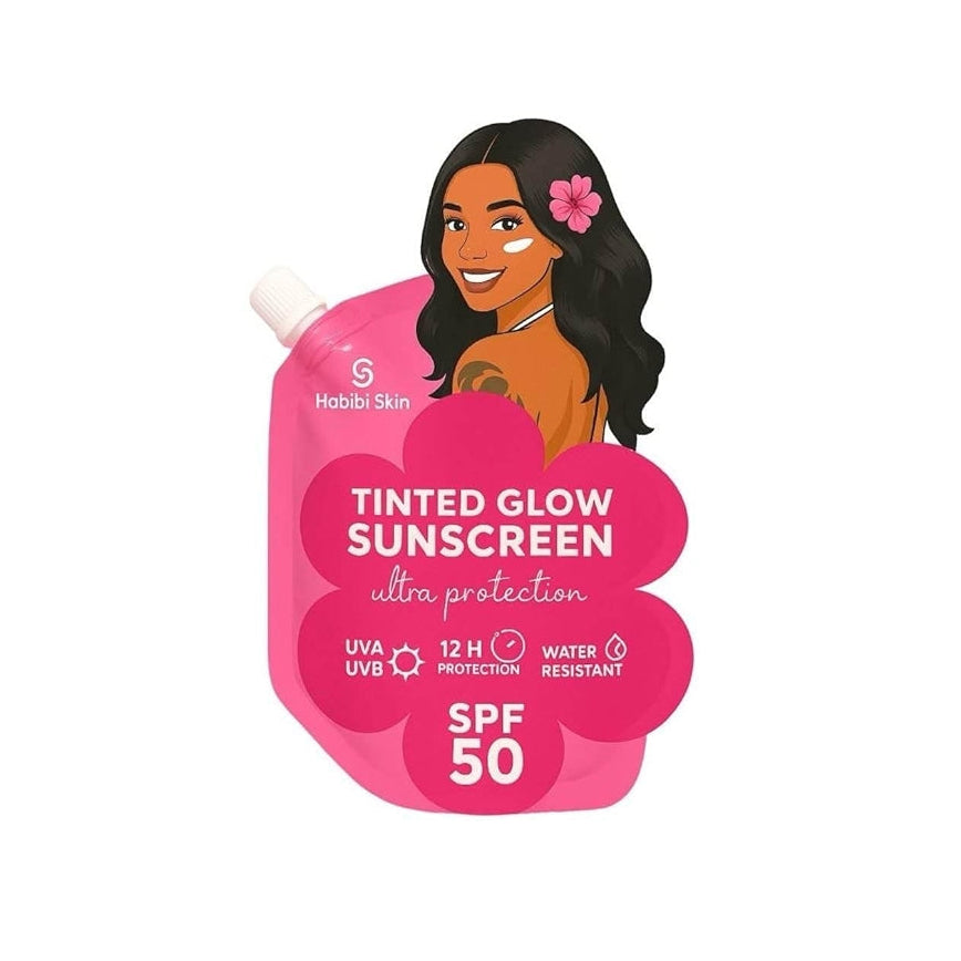Pink sunscreen bottle with a cartoon character on a white background