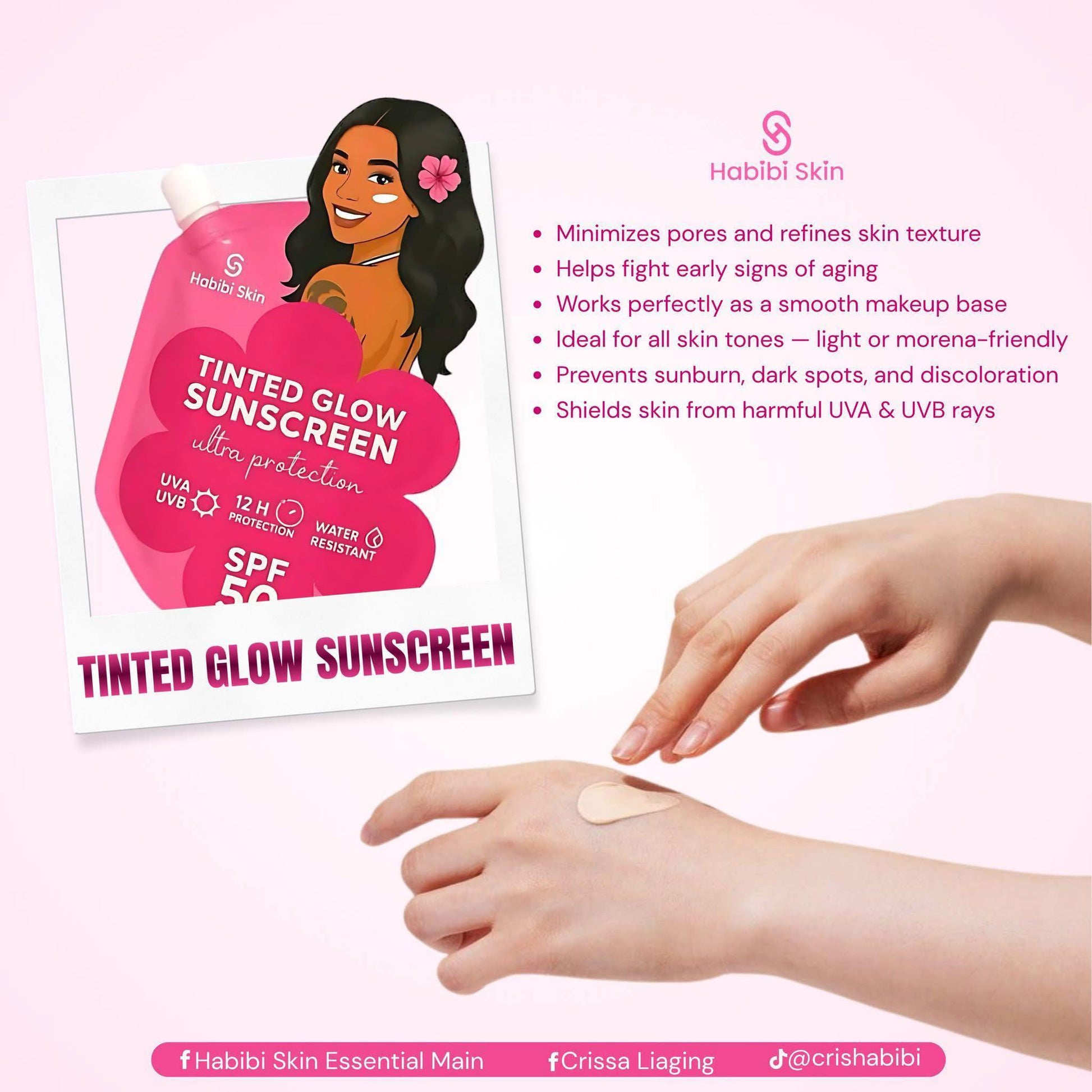 Habibi Skin tinted glow sunscreen packaging with a hand applying it to skin.