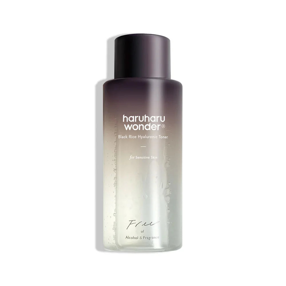 A bottle of HARUHARU WONDER Black Rice Hyaluronic Toner with a white label and black cap, on a plain background.