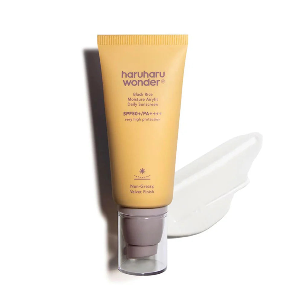 A tube of Haruharu Wonder Black Rice Moisture Airyfit Daily Sunscreen with a pump dispenser, against a white background.