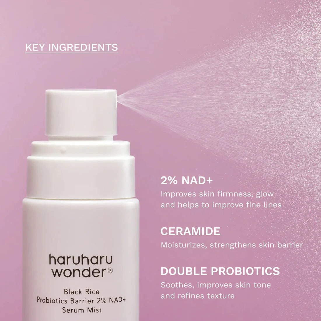 Haruharu Wonder serum mist with key ingredients on a pink background