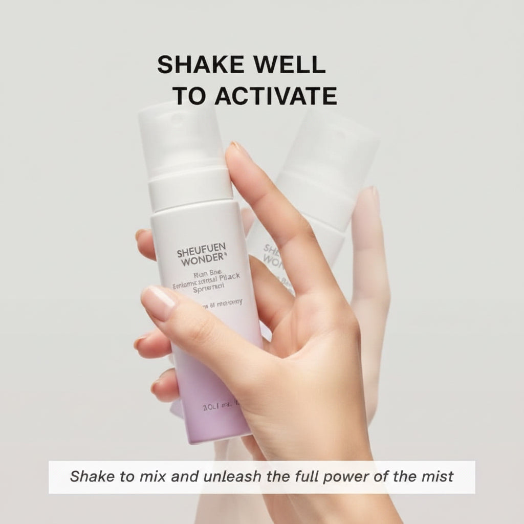 Hand holding a skincare product with text on a light gray background