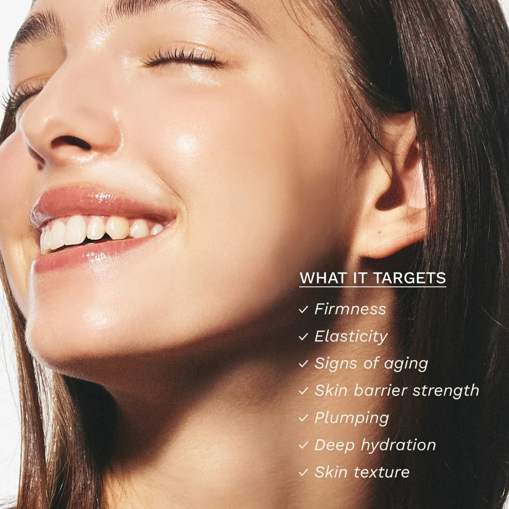 Close-up of a woman's face with text highlighting skincare benefits