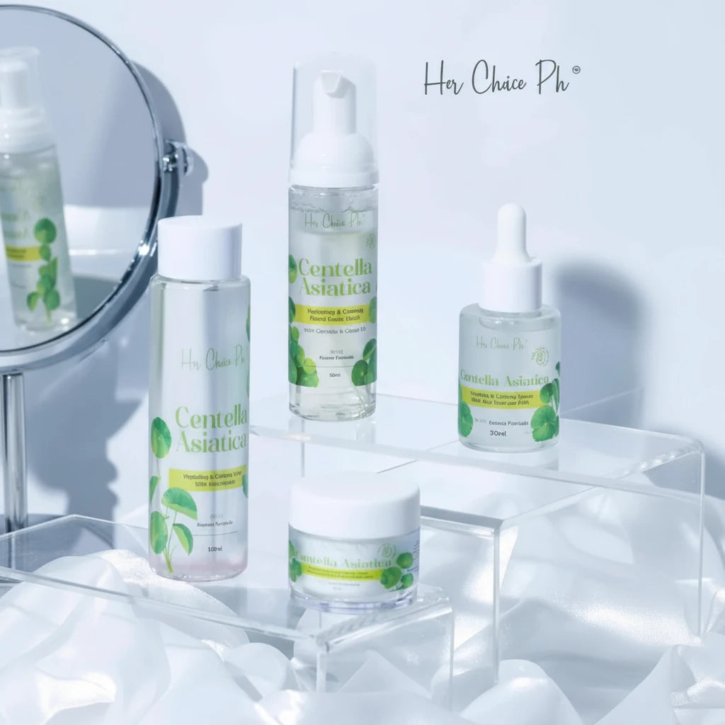 Set of skincare products with Centella Asiatica on a white surface