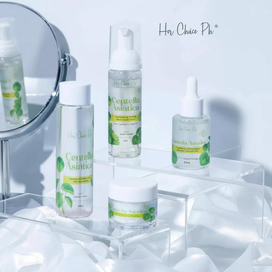 Set of skincare products with Centella Asiatica on a white surface