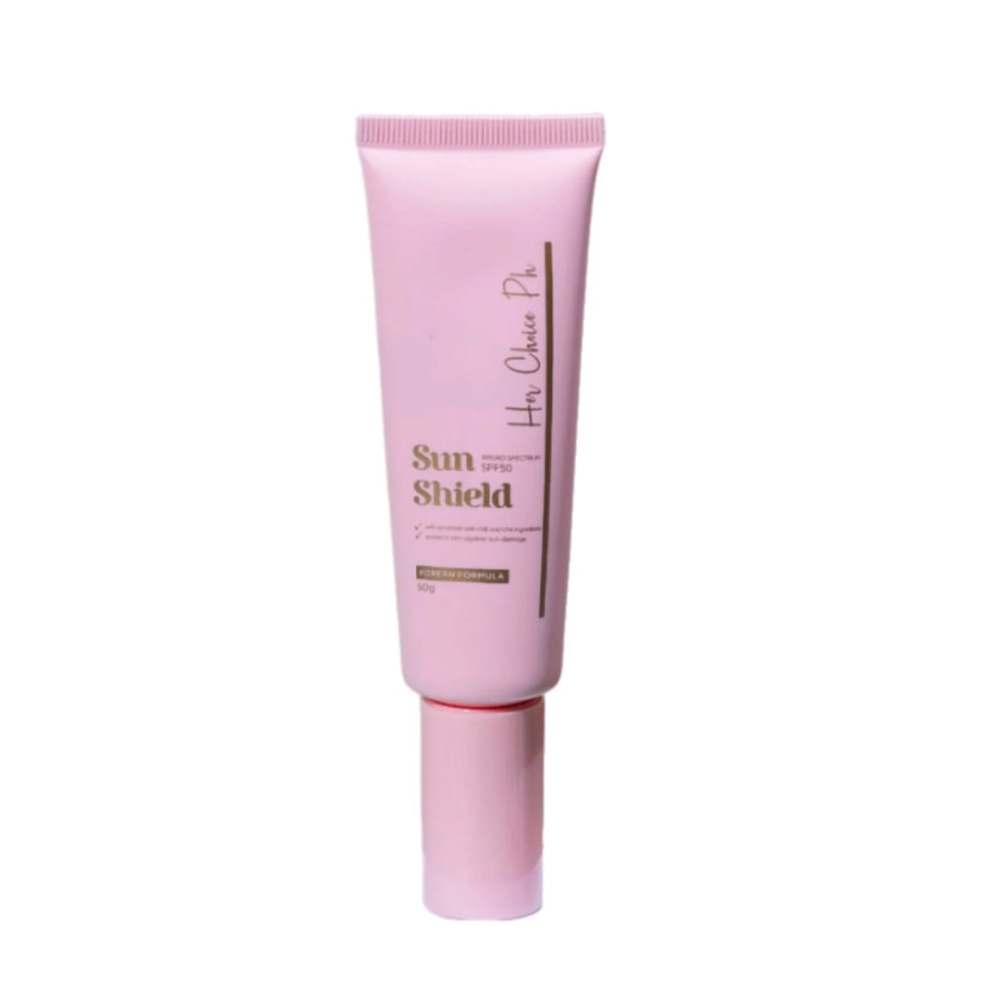 Pink sunscreen tube labeled 'Sun Shield' on a white background