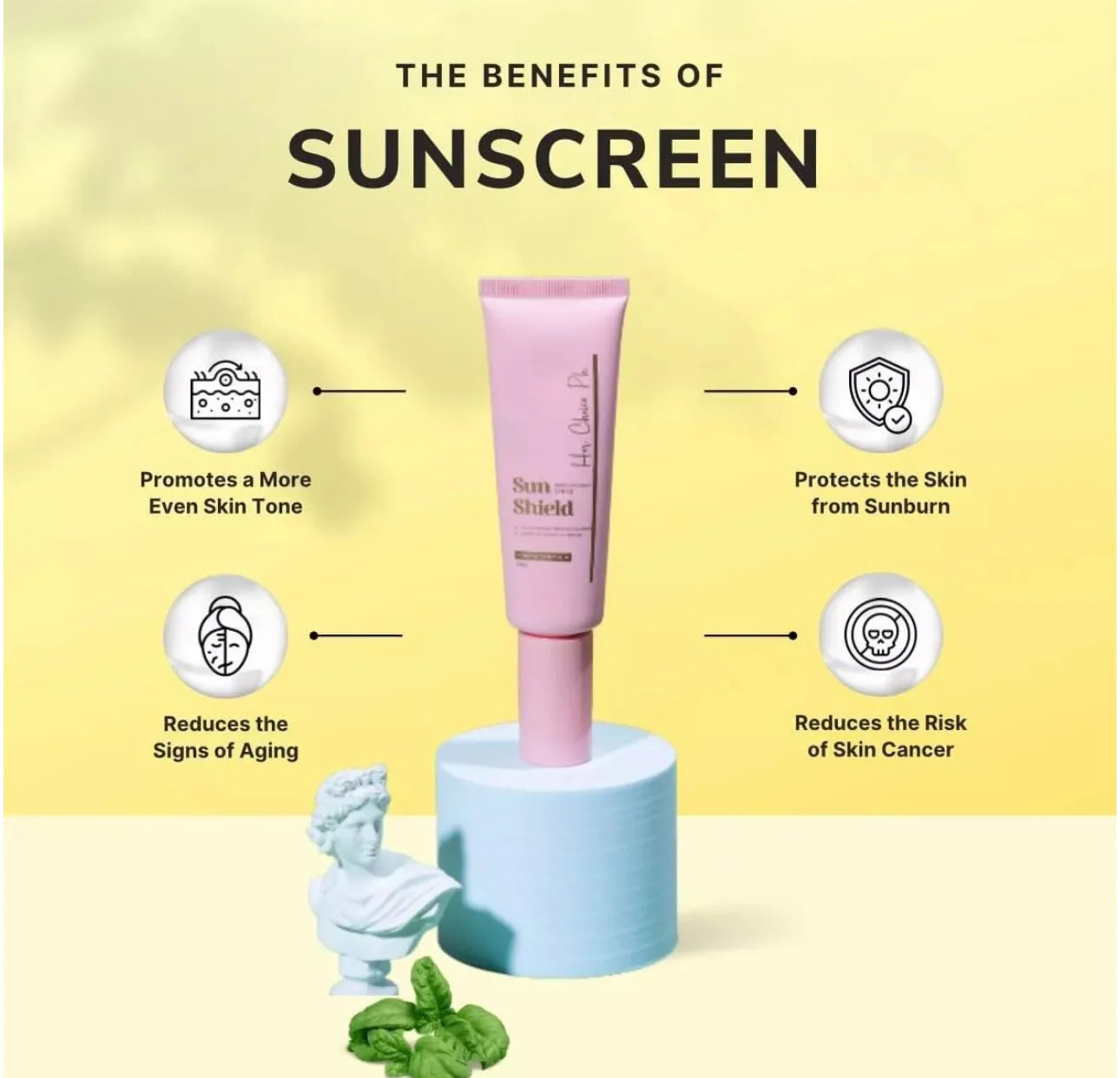 Sunscreen product with benefits listed on a yellow background