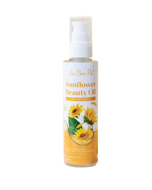 Sunflower beauty oil bottle with sunflower design on a yellow background
