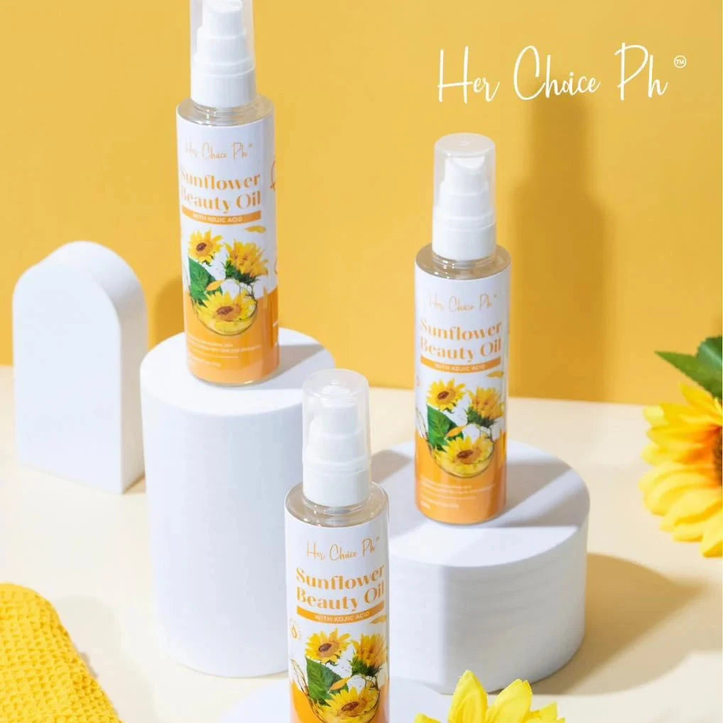 Sunflower beauty oil bottles with sunflower on a yellow background