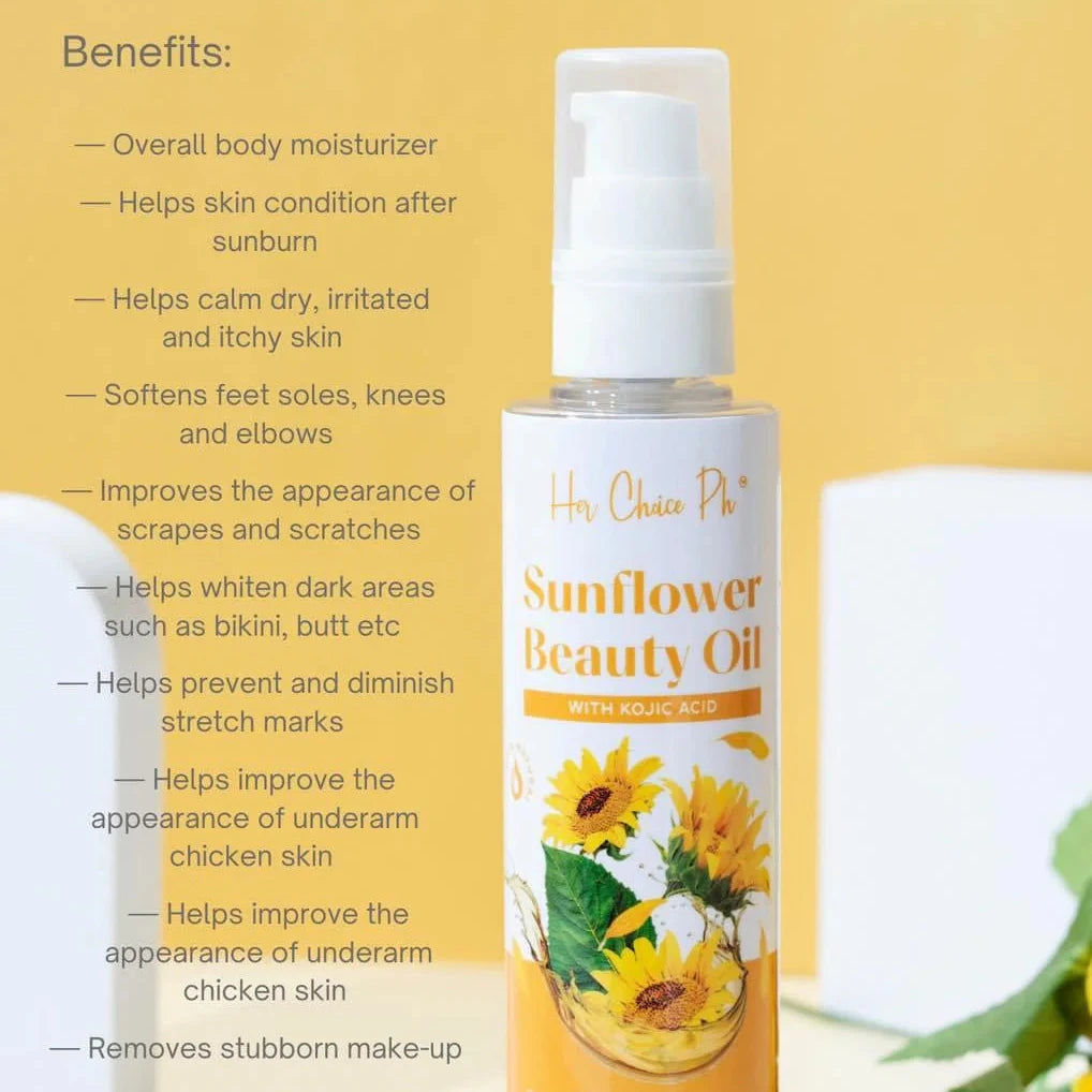 Sunflower beauty oil bottle with benefits listed on a yellow background