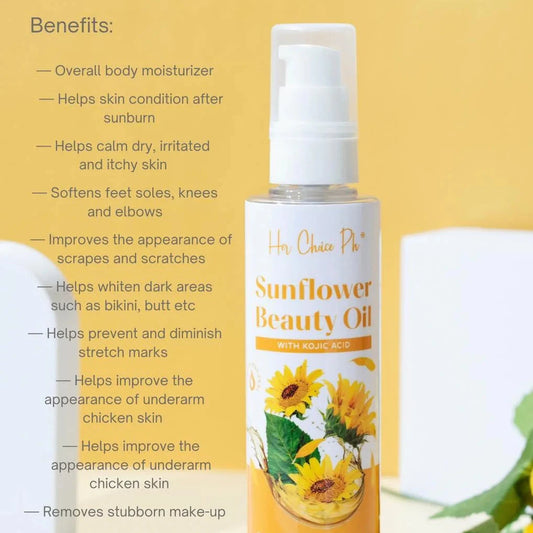 Sunflower beauty oil bottle with benefits listed on a yellow background