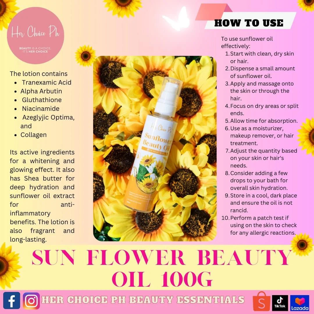 Sunflower beauty oil with usage instructions and product details on a pink background