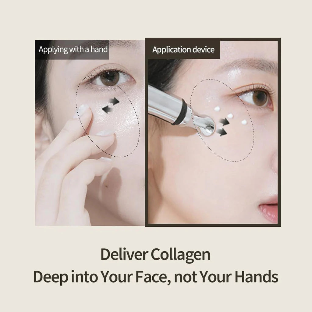 Collagen delivery device application on a person's face with text 'Deliver Collagen Deep into Your Face, not Your Hands'.