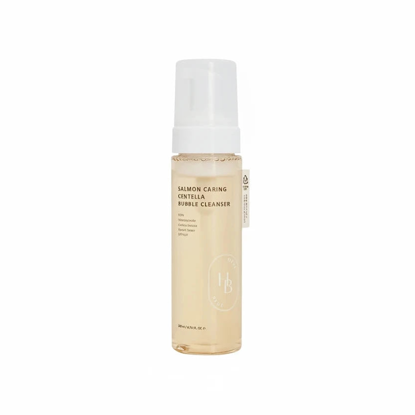 Bottle of Salmon Caring Centella Bubble Cleanser on a white background