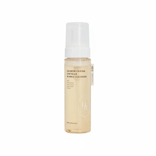Bottle of Salmon Caring Centella Bubble Cleanser on a white background