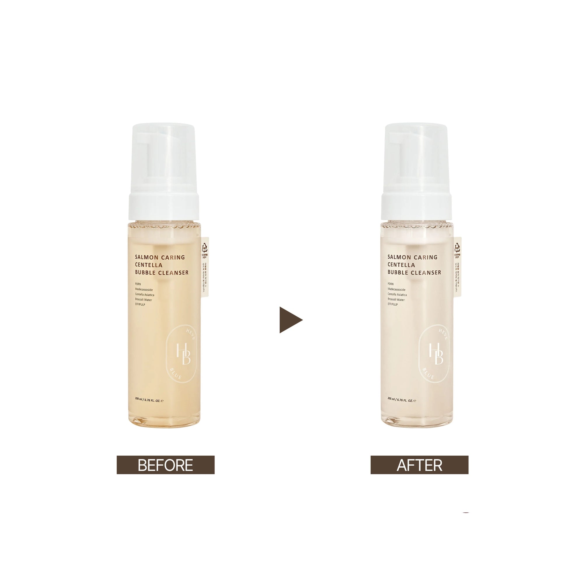 Before and after comparison of a skincare product bottle on a white background