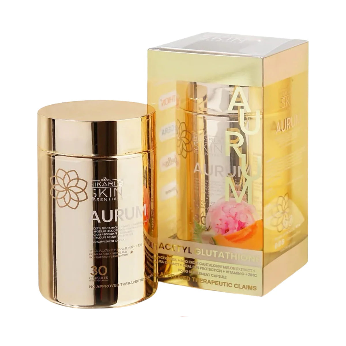 Gold skincare product and packaging with 'Aurum' branding on a white background