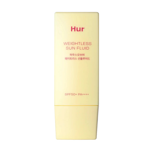 A bottle of Hur Weightless Sun Fluid with yellow packaging, labeled as SPF 50+ PA++++ with Jeju yuja and Manuka honey extracts.