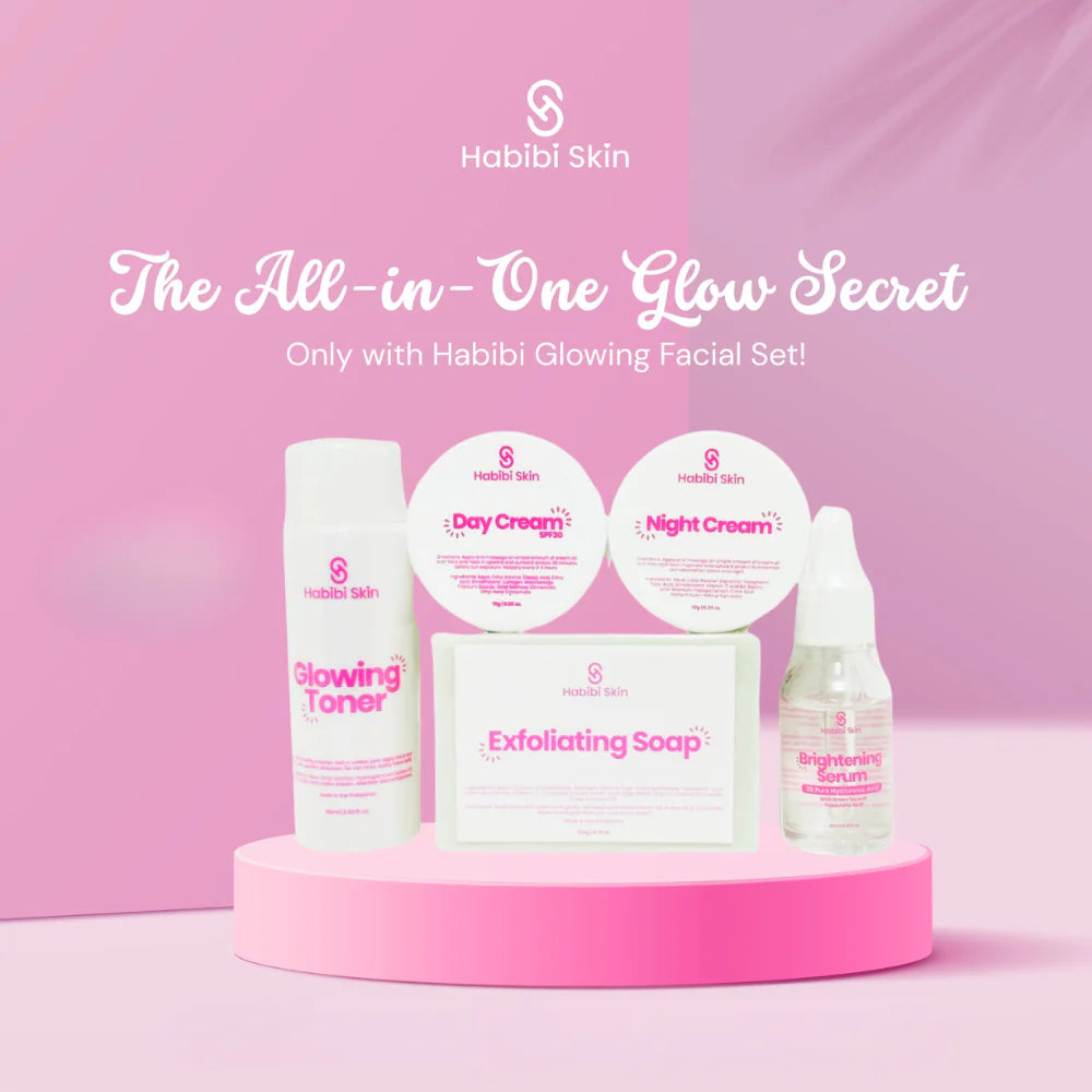 Habibi Skin skincare product set on a pink platform with a pink background