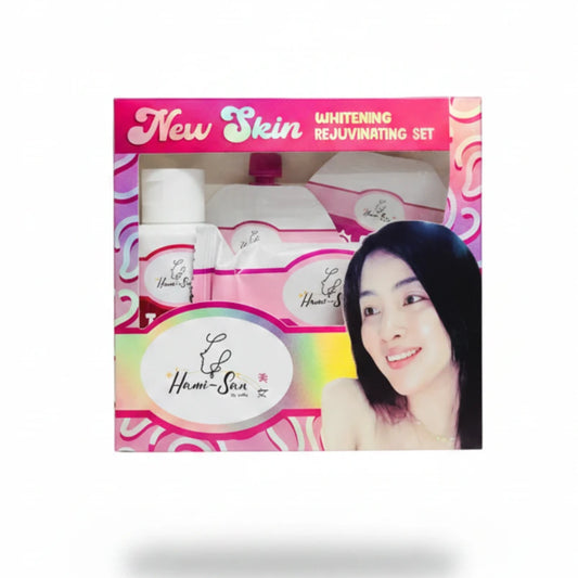 Hand holding a 'New Skin' whitening rejuvenating set with product packaging in the background.
