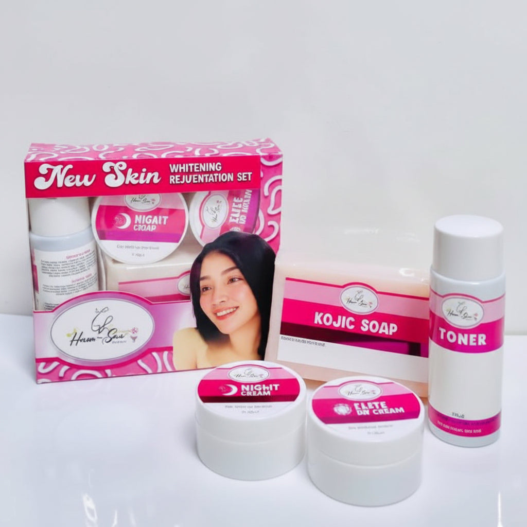 Set of skincare products including cream, soap, and toner with a New Skin box on a white background.